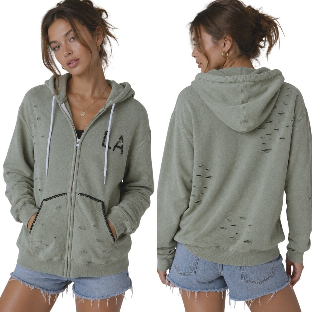 Tricia Fix x Free People LA Repurposed Vtg Distressed Zip Hoodie Made in USA S